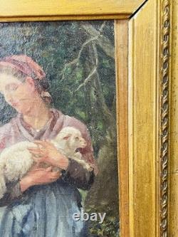 Tableau ancien huile sur panneau bergère agneaux d'après J. B. Hofner XIXe