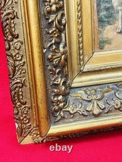 Tableau ancien huile sur panneau bergère agneaux d'après J. B. Hofner XIXe