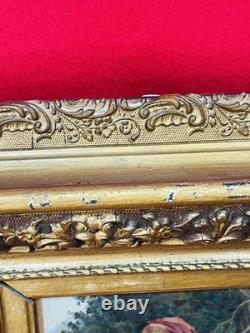 Tableau ancien huile sur panneau bergère agneaux d'après J. B. Hofner XIXe