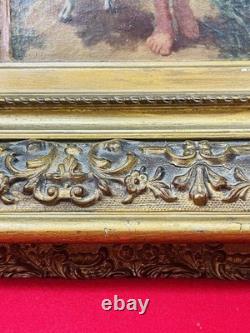Tableau ancien huile sur panneau bergère agneaux d'après J. B. Hofner XIXe