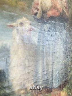 Tableau ancien huile sur panneau bergère agneaux d'après J. B. Hofner XIXe