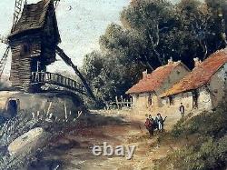 Tableau ancien huile sur panneau bois paysage et moulin école hollandaise XIXe