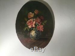 Tableau ancien huile sur panneau, nature morte bouquet de fleur. Signé