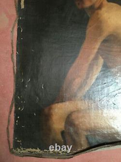 Tableau ancien huile sur toile INCONNU (XIXe-s) homme assis en maillot de bain