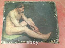 Tableau ancien huile sur toile INCONNU (XIXe-s) homme nu assis