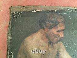 Tableau ancien huile sur toile INCONNU (XIXe-s) homme nu assis