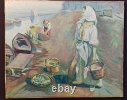 Tableau ancien huile sur toile. La marchande de poisson signé Sabariego. XXème