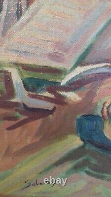 Tableau ancien huile sur toile. La marchande de poisson signé Sabariego. XXème