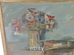 Tableau ancien huile sur toile Nature Morte Florale 1946 signé
