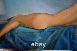 Tableau ancien huile sur toile Nu signé Georges Varenne début XXe Art Déco Bleu