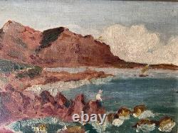Tableau ancien huile sur toile Paysage marin impressionniste encadré