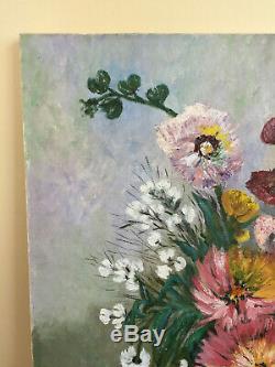 Tableau ancien huile sur toile S. BANNEVILLE (XXe-s) nature morte aux fleurs
