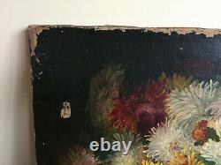 Tableau ancien huile sur toile VIVIEN (XIXe-s) nature morte aux fleurs