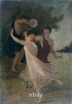 Tableau ancien huile sur toile XIX 1850 1900 danse antique paysage symboliste