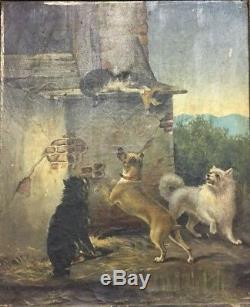 Tableau ancien huile sur toile animaux chiens chats XIXème