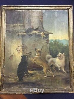 Tableau ancien huile sur toile animaux chiens chats XIXème