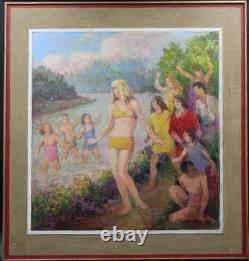 Tableau ancien huile sur toile baignade Henri Laffite 1965