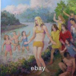 Tableau ancien huile sur toile baignade Henri Laffite 1965