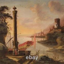 Tableau ancien huile sur toile cadre paysage marine 700 18ème siècle peinture