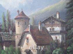 Tableau ancien huile sur toile école suisse début XIXe paysage de montagne Alpes