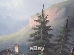 Tableau ancien huile sur toile école suisse début XIXe paysage de montagne Alpes
