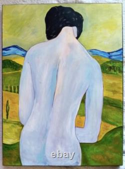 Tableau ancien huile sur toile femme nu de dos paysage fauvisme signé + certifi