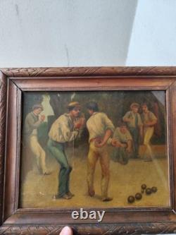 Tableau ancien huile sur toile joueur de pétanque 29x 23.5 Cm Deco Bar
