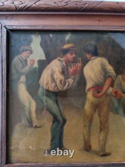 Tableau ancien huile sur toile joueur de pétanque 29x 23.5 Cm Deco Bar