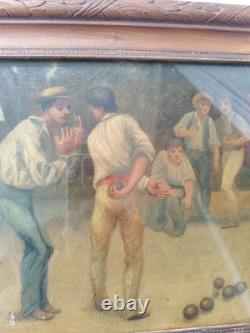 Tableau ancien huile sur toile joueur de pétanque 29x 23.5 Cm Deco Bar