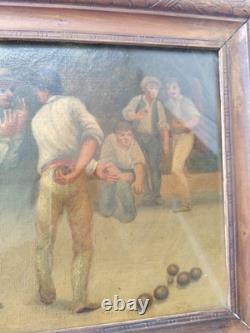 Tableau ancien huile sur toile joueur de pétanque 29x 23.5 Cm Deco Bar