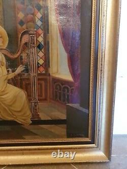 Tableau ancien, huile sur toile joueuse harpiste signée