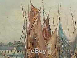 Tableau ancien huile sur toile marine port pêche Bretagne milieu XXème (signé)