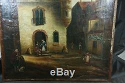 Tableau ancien huile sur toile marouflée scène de village