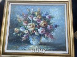 Tableau ancien, huile sur toile, nature morte florale, cadre doré
