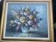 Tableau ancien, huile sur toile, nature morte florale, cadre dor&eacute;