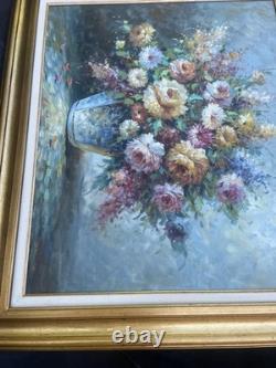 Tableau ancien, huile sur toile, nature morte florale, cadre doré