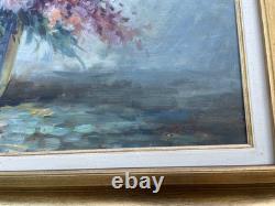 Tableau ancien, huile sur toile, nature morte florale, cadre doré