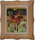 Tableau ancien huile sur toile paysage animé arbres La baignade pins parasols