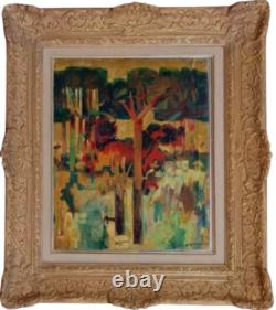 Tableau ancien huile sur toile paysage animé arbres La baignade pins parasols