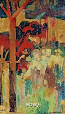 Tableau ancien huile sur toile paysage animé arbres La baignade pins parasols