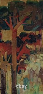 Tableau ancien huile sur toile paysage animé arbres La baignade pins parasols
