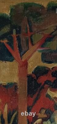 Tableau ancien huile sur toile paysage animé arbres La baignade pins parasols