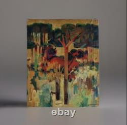 Tableau ancien huile sur toile paysage animé arbres La baignade pins parasols