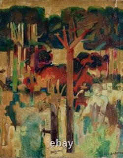 Tableau ancien huile sur toile paysage animé arbres La baignade pins parasols