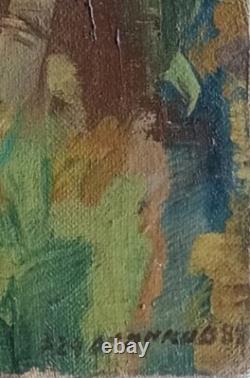 Tableau ancien huile sur toile paysage animé arbres La baignade pins parasols