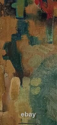 Tableau ancien huile sur toile paysage animé arbres La baignade pins parasols
