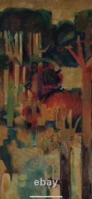Tableau ancien huile sur toile paysage animé arbres La baignade pins parasols