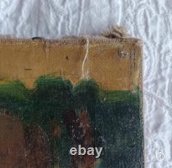 Tableau ancien huile sur toile paysage animé arbres La baignade pins parasols