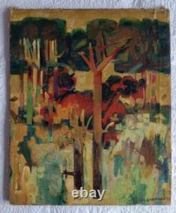 Tableau ancien huile sur toile paysage animé arbres La baignade pins parasols