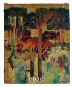 Tableau ancien huile sur toile paysage animé arbres La baignade pins parasols